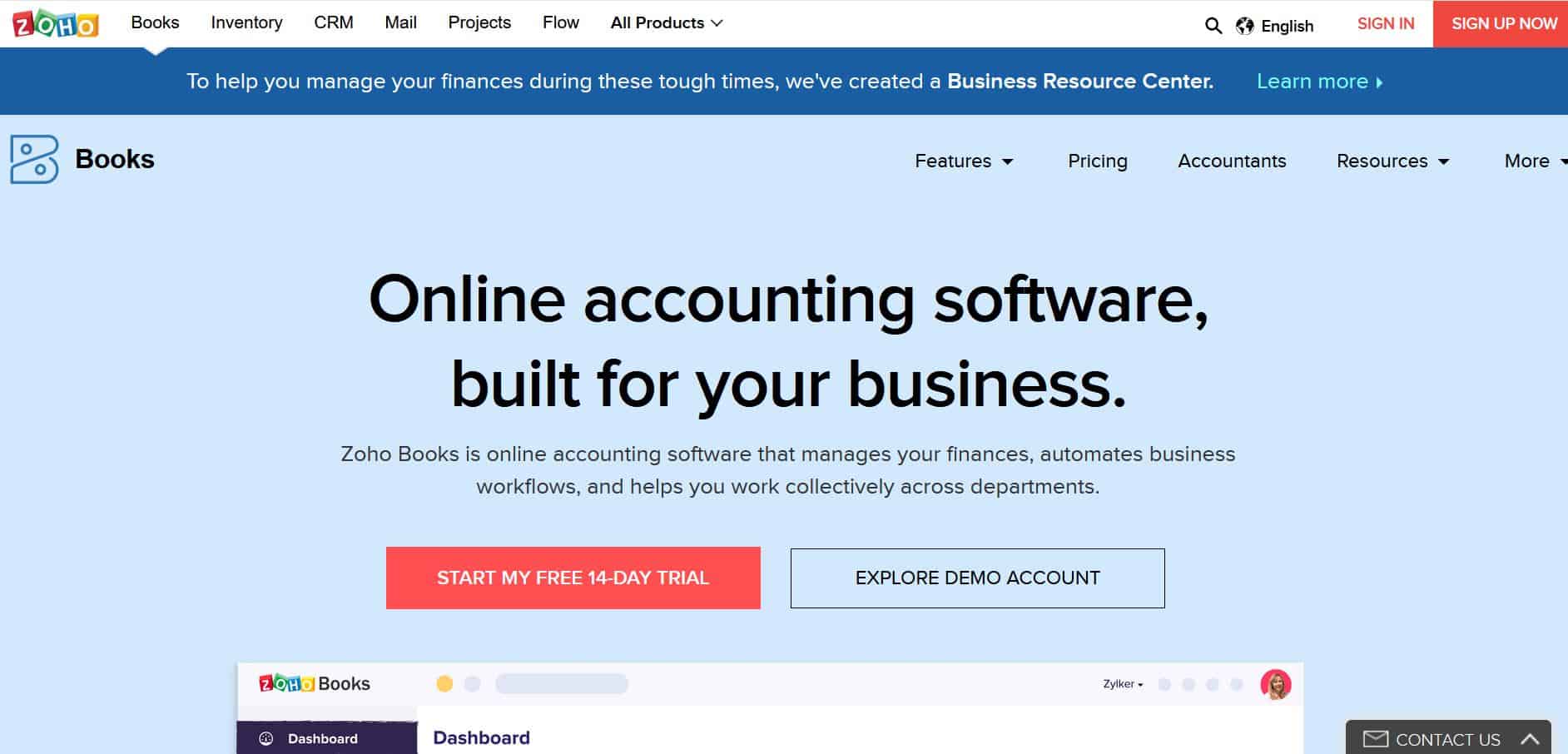 zoho books homepage